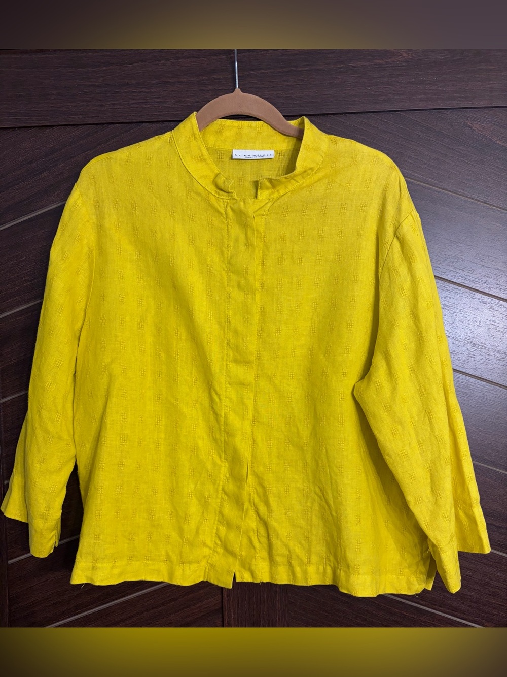 Bryn Walker 100% linen mandarin collar hidden button woven detail top XL EUC